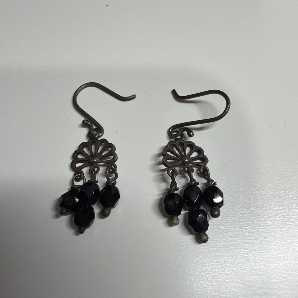 Vintage 925 Sterling Silver Black Onyx Garnet Chandelier Dangle Earrings 1"